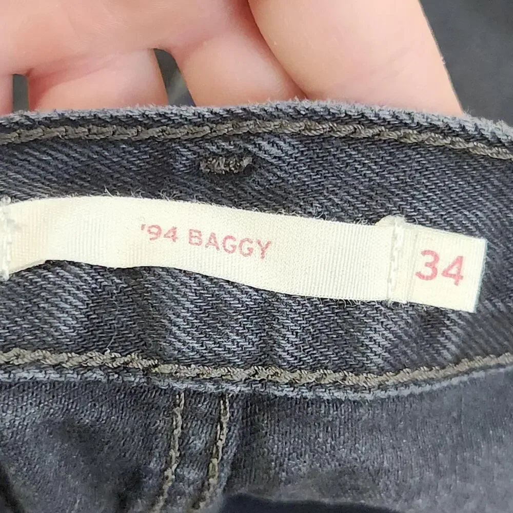 Levis 94 Baggy Jeans Mens 34x31 Black Charcoal Wash Relaxed Straight Denim